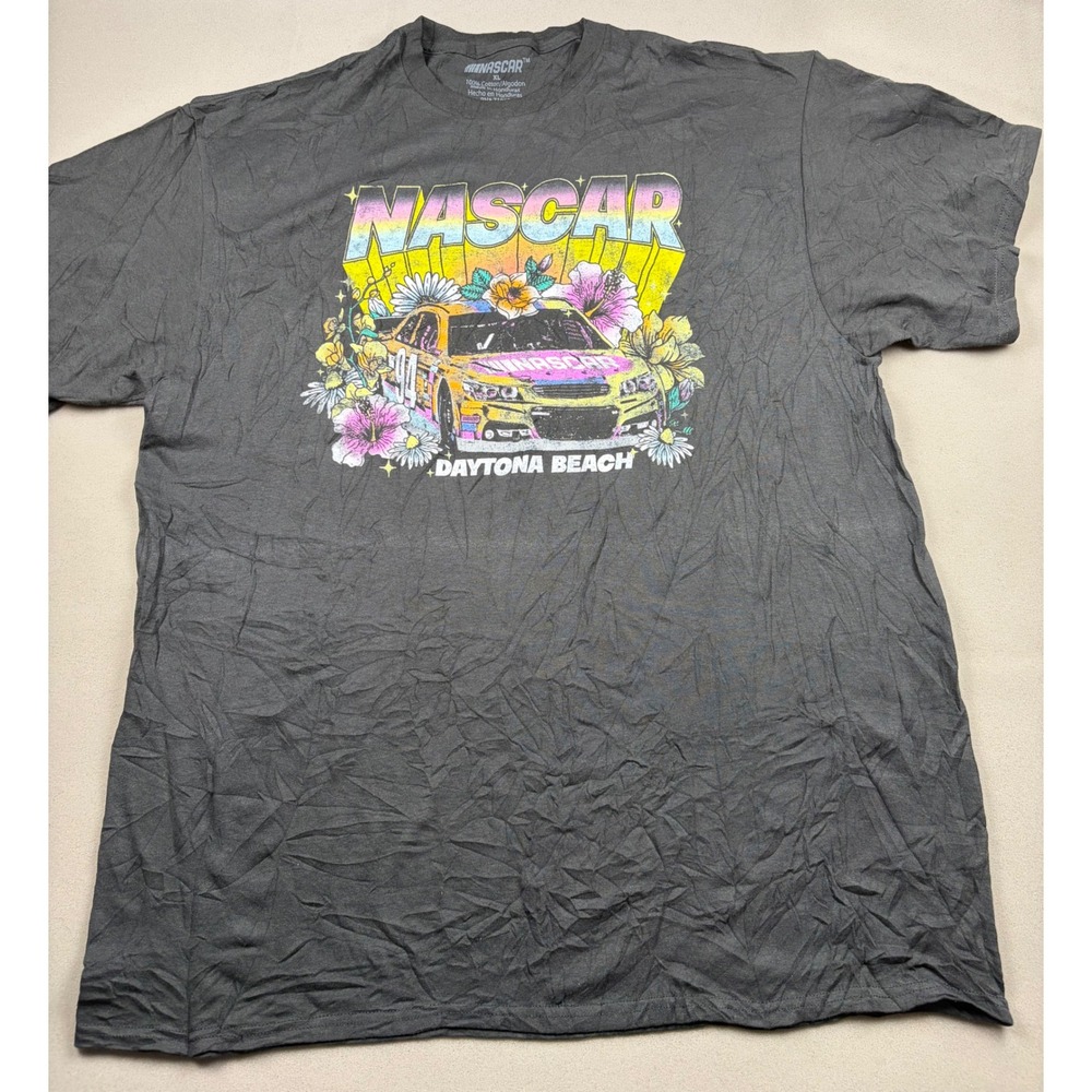 NASCAR Daytona Beach Graphic T-Shirt XL Gray Floral Racing Stock Car Tee Cotton